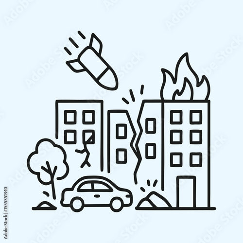 Building Fire and Explosion Rocket Attack War Scene