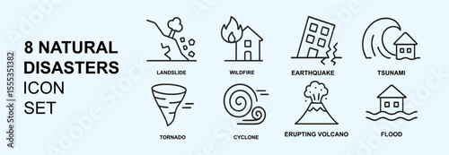 Natural Disasters Icon Set  landslide, fire, earthquake, tsunami, tornado, cyclone, volcano, flood