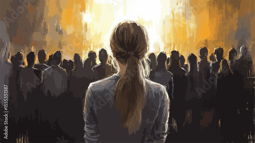Woman Looking at a Crowd of People - Professional Vector Illustration
