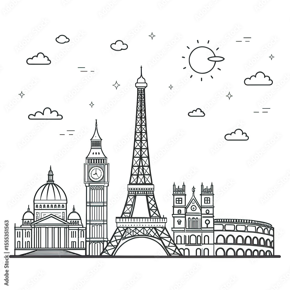 Obraz premium Black and White Line Art Skyline of European Cities - Travel Landmark Illustration