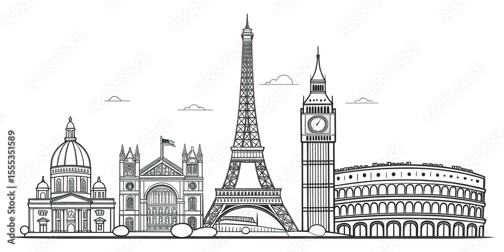 Obraz premium Black and White Line Art Skyline of European Cities - Travel Landmark Illustration