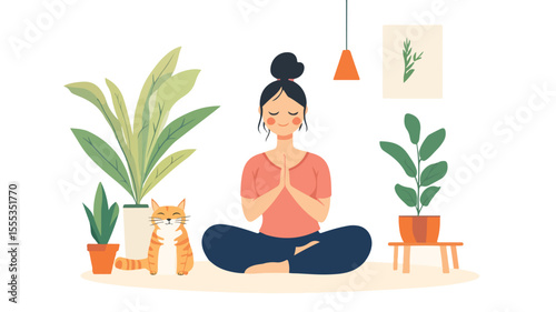 Cute Pajama Yoga Stretching Pose for Young Woman