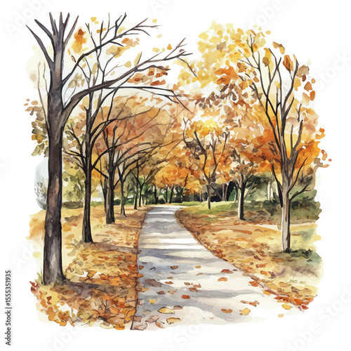 watercolor vector of Path Through Park Leaves, isolated on a white background.