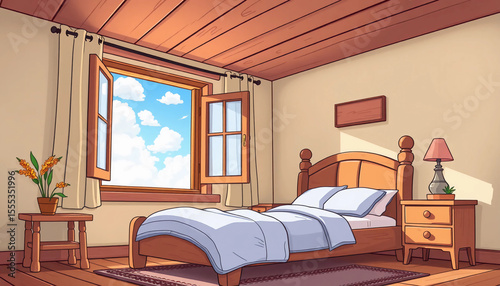 Cartoon bedroom with wooden bed, open window, and sky view in bright and cozy atmosphere.