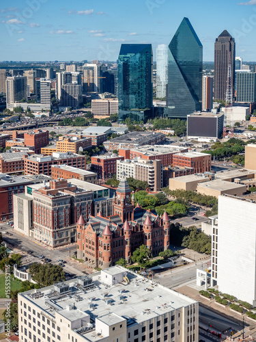 An aerial view of the Downtown Dallas skyline from the perspective of Reunion Tower