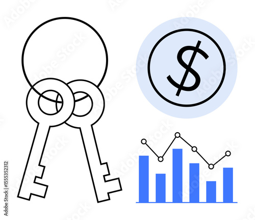 Two intersecting keys, a dollar sign in a circle, and a bar graph with a line indicating growth. Ideal for finance, business strategy, investment growth, savings, wealth management, security