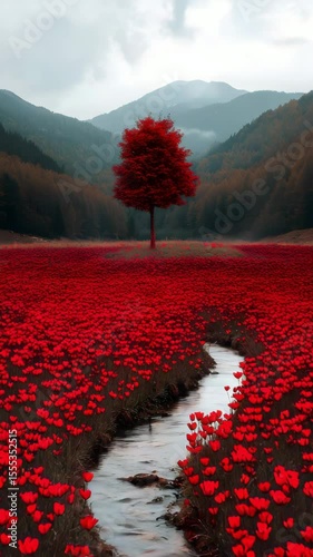 Lonely Red Tree Standing In Blooming Scarlet Flower Field With Small Stream Flowing Toward Forest Mountains In Scenic Landscape

