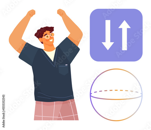 Cheerful person raising arms in celebration near icons of vertical arrows and balanced circle. Ideal for achievement, positivity, balance, motivation, goals, success, harmony simple flat metaphor