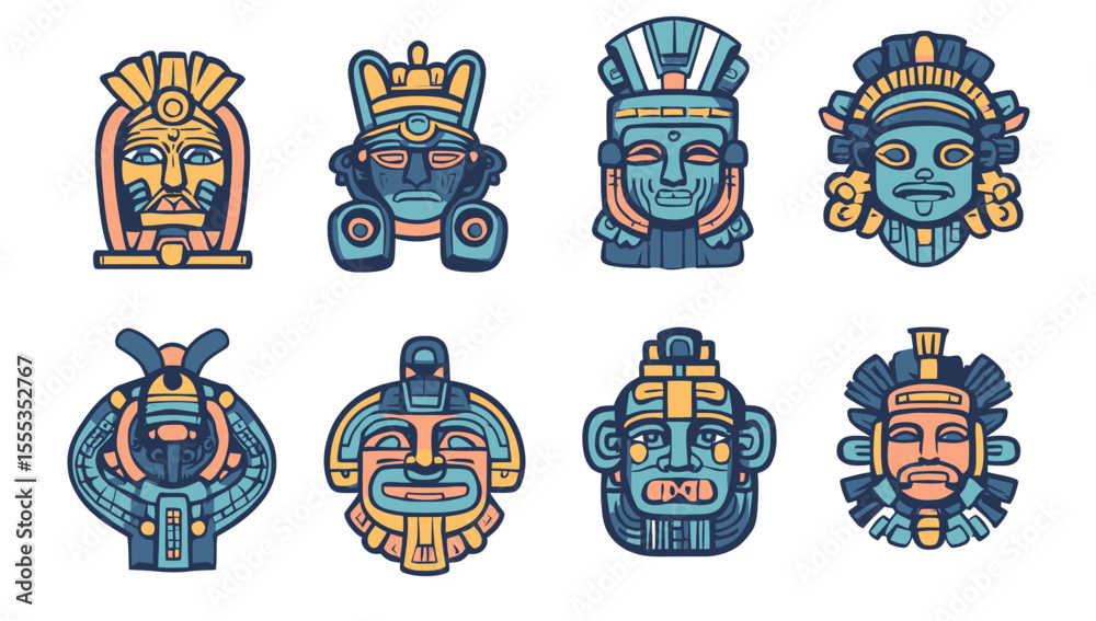 Obraz premium Mexican signs, including the sun, turtle, and tiki heads, are isolated symbols, along with Maya and Aztec totems, indigenous Indian tribal god icons, and an abstract chameleon, making up a decent