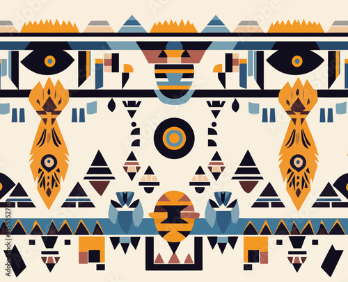Tribal designs and ethnic ornaments, characteristic of Aztec modern elements, utilize geometric symbols for various applications, including borders, frames, tattoos, logos, cards, and decorative