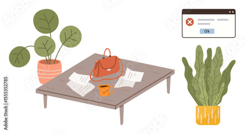 Table with papers, orange mug, handbag, and two potted plants alongside a pop-up error window. Ideal for workspace, simplicity, organization, productivity, technology issues home office simple flat