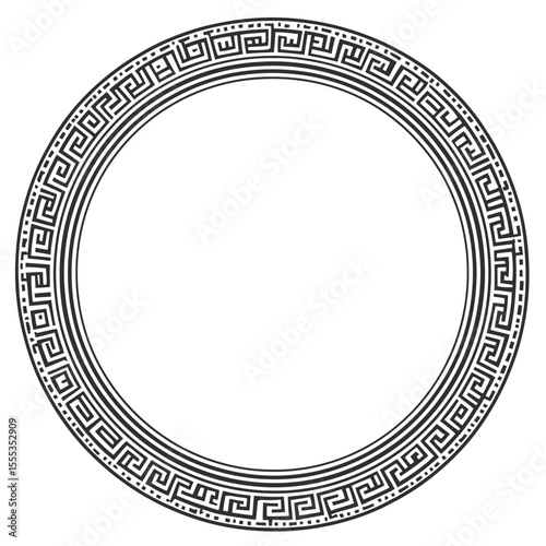 This modern illustration features a circular Greek pattern set within a Roman frame, with a black outline and a white background, creating a round Greek border ideal for design prints, and showcasing