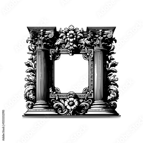 Ornate Baroque Frame Vector Illustration with Decorative Columns Floral Elements and Vintage Engraving Style in Black and White