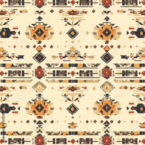 This handdrawn illustration showcases a modern seamless pattern of traditional ethnic kilim ornaments set against a natural color background
