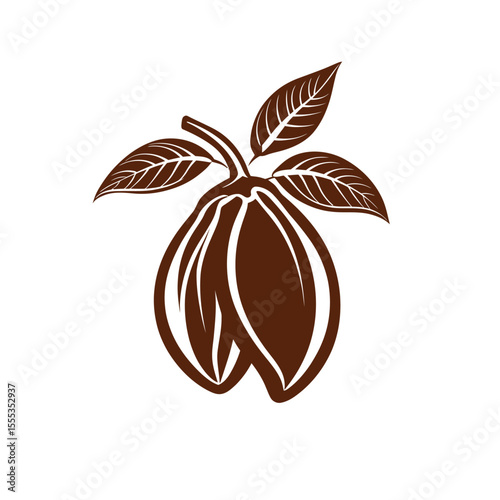 A glyph icon for cocoa beans is presented in a modern illustration, highlighting whole and half tropical pods with seeds and a leaf, in addition to a botanical branch of the cacao plant with its