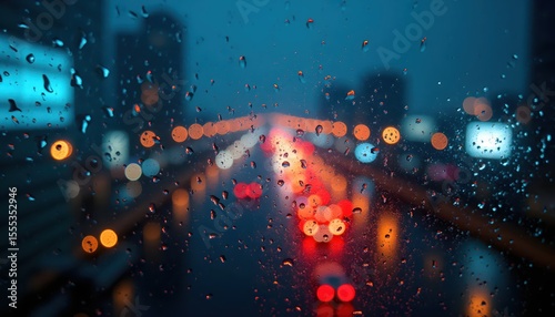  a city street with raindrops on the window