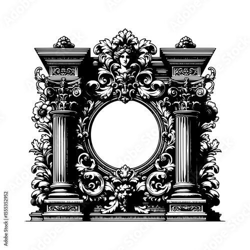 Ornate Baroque Frame Vector Illustration with Decorative Columns Floral Elements and Vintage Engraving Style in Black and White