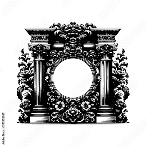 Ornate Baroque Frame Vector Illustration with Decorative Columns Floral Elements and Vintage Engraving Style in Black and White