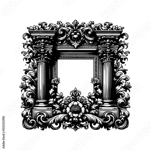 Ornate Baroque Frame Vector Illustration with Decorative Columns Floral Elements and Vintage Engraving Style in Black and White