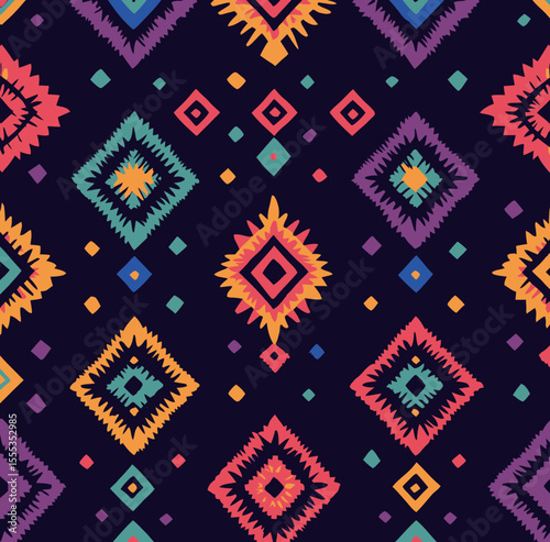 Aztec abstract geometric art and Navajo tribal design merge to create a modern seamless pattern, perfect for ethnic backdrops, wallpaper, fabric, and various textile products