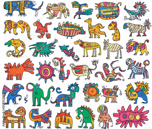 South American signs and idols, including eagles and fish, are isolated elements of Maya and Aztec totems that represent tribal Mexican abstract native icons often used in classy modern decorative