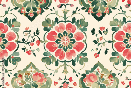 An ornate and elegant luxury background is created by the traditional folk antique ikat pattern in pink and green, which can be used for various design applications