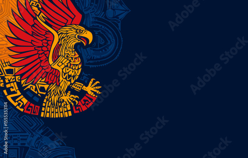 A banner for the National Hispanic Heritage Month festival, highlighted by a Mayan Aztec eagle bird totem, highlights the cultural wealth of Hispanic communities, commemorating their history,
