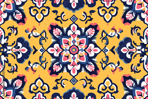 An ethnic aztec geometric pattern design, abstract and suitable for backgrounds, influenced by the styles of America, Mexico, India, and the Bohemian culture, offered as a modern illustration for use