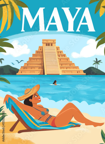 Flat modern illustration featuring a Maya civilization poster complete with text