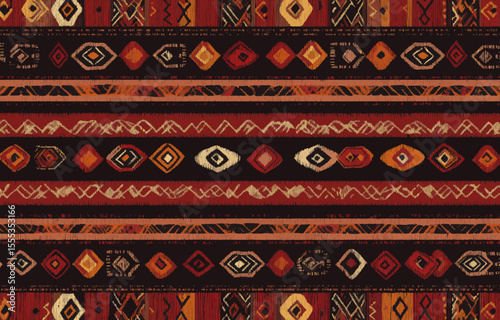 Colorful ethnic geometric patterns are showcased in this modern design intended for fabric and carpet applications