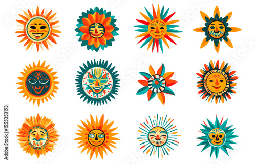 The rich cultural heritage and indigenous artistry of Mexico are reflected in a modern isolated set of traditional mexican aztec or navajo ethnic pattern embroidery samples, motives, and ornaments