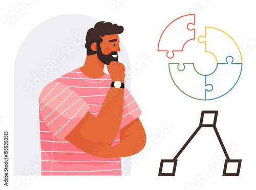 Man in striped shirt thinking with hand on chin, observing diagram and puzzle pieces. Ideal for teamwork, decision-making, strategy, planning, innovation, creativity, simple flat metaphor