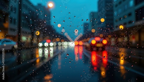  a city street with raindrops on the window