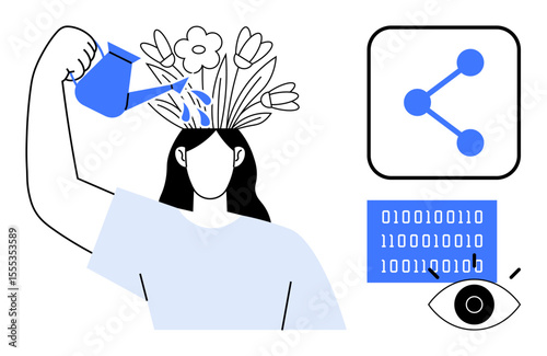 Woman pouring water on head blooming flowers, symbolizing creativity icons of sharing, data, and an eye. Ideal for innovation, creativity, learning, growth, data sharing mindfulness and simple