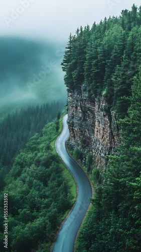 Winding Mountain Road Along Dramatic Cliff Surrounded By Lush Green Pine Forest And Misty Hills In Scenic Peaceful Landscape

