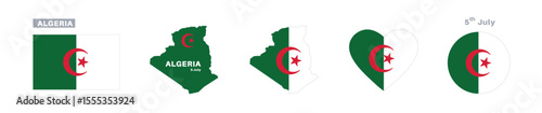 algeria flag and map set. algeria flag in official colors and proportions. independence day 5 july, map, circle and heart shaped algeria 