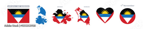 antigua and barbuda flag and map set. flag in official colors and proportions. independence day 1 november, map, circle and heart shaped antigua and barbuda