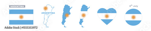 argentina flag and map set. argentina flag in official colors and proportions. independence day 9 july, map, circle and heart shaped argentina 
