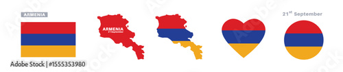 armenia flag and map set. armenia flag in official colors and proportions. independence day 21 september, map, circle and heart shaped armenia 