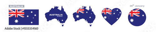 australia flag and map set. australia flag in official colors and proportions. independence day 26 january, map, circle and heart shaped australia 
