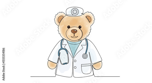 Cute teddy bear doctor in white coat with stethoscope – one line doodle drawing with watercolor fill, minimalistic vector illustration on white background