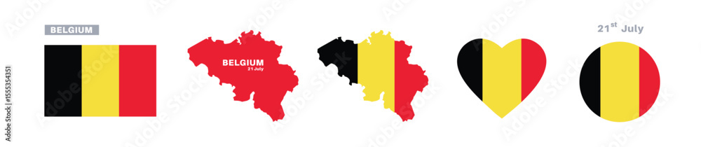 Fototapeta premium belgium flag and map set. belgium flag in official colors and proportions. independence day 21 july, map, circle and heart shaped belgium 