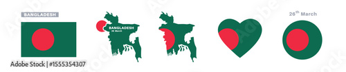 bangladesh flag and map set. bangladesh flag in official colors and proportions. independence day 26 march, map, circle and heart shaped bangladesh 