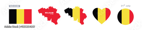 belgium flag and map set. belgium flag in official colors and proportions. independence day 21 july, map, circle and heart shaped belgium 