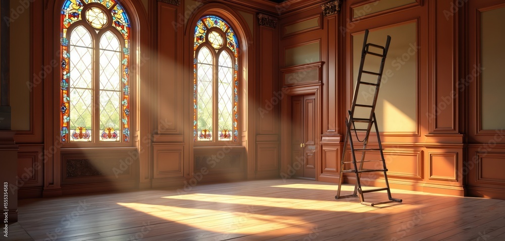 Fototapeta premium Grand room interior with sunlight through stained glass windows. Wooden ladder stands near door. Staging new home, design, renovation, remodel repair. Bright apartment property, residence, building.
