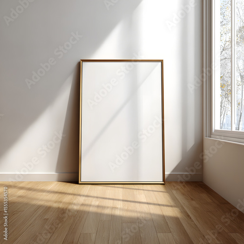 A large empty canvas in a gold frame leans against a white wall in a sunlit room