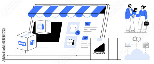 Digital storefront with delivery box, product icons, customer pair with bag, and cloud graphics. Ideal for e-commerce, retail, technology, marketing, logistics data analysis business promotion
