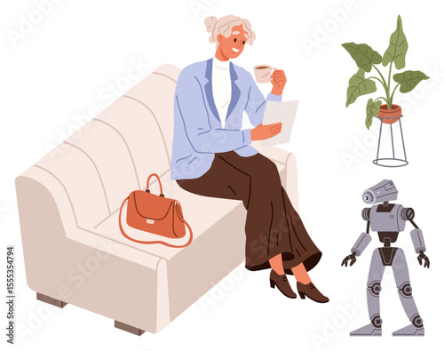 Woman seated on a couch holding a cup and reading paper, next to a robot toy and a potted plant. Ideal for lifestyle, relaxation, technology, nature, balance, home decor innovation. Simple flat