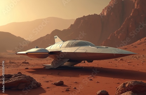 Futuristic spaceship landed on planet Mars, near rocky mountains. Modern take-off banner pad, with space for text, ideal for science fiction, cosmos, space exploration, future tech concepts.