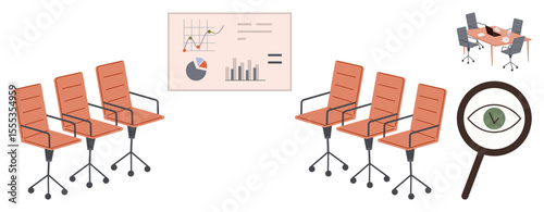 Office chairs aligned, analytics board with charts, and magnifying glass with eye signifying monitoring. Ideal for analysis, teamwork, decision-making, planning, evaluation, management simple flat